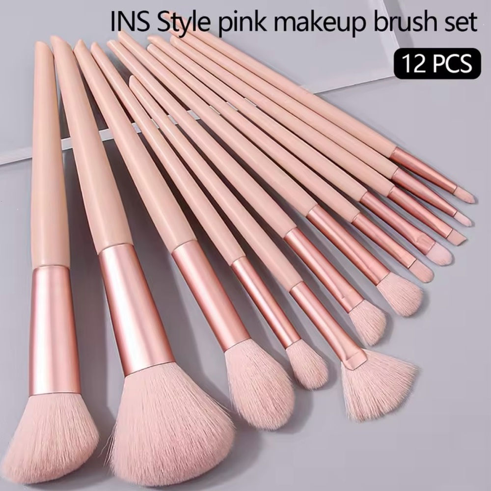 12 Piece Soft Pink Makeup Brush Set - Full Face & Eye Brush Kit